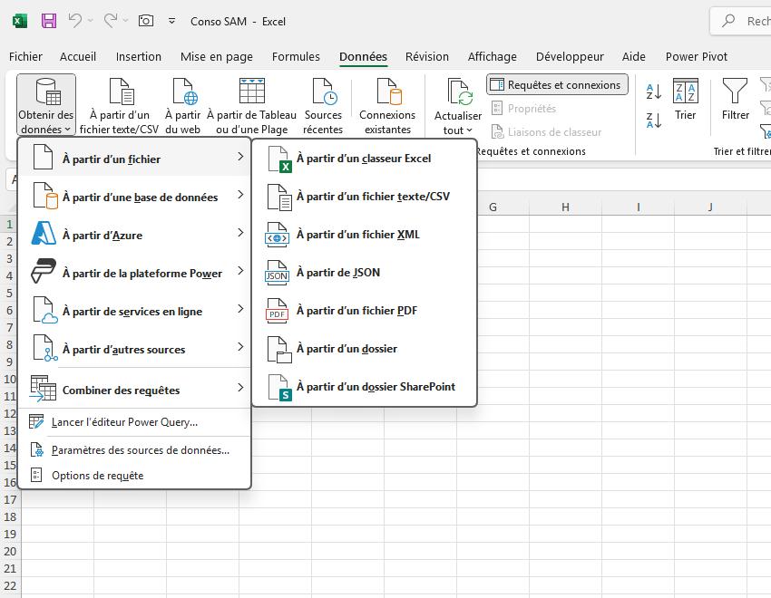 Importer un fichier sur Power Query