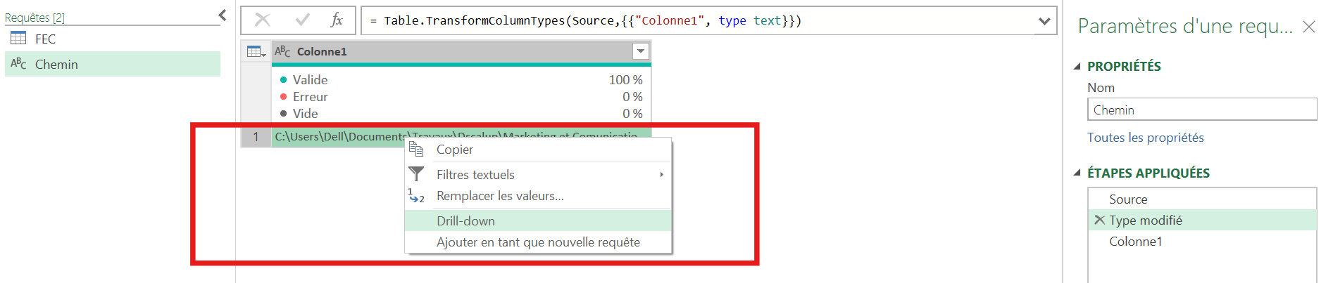 Clic droit sur la valeur puis Drill Down dans Power Query