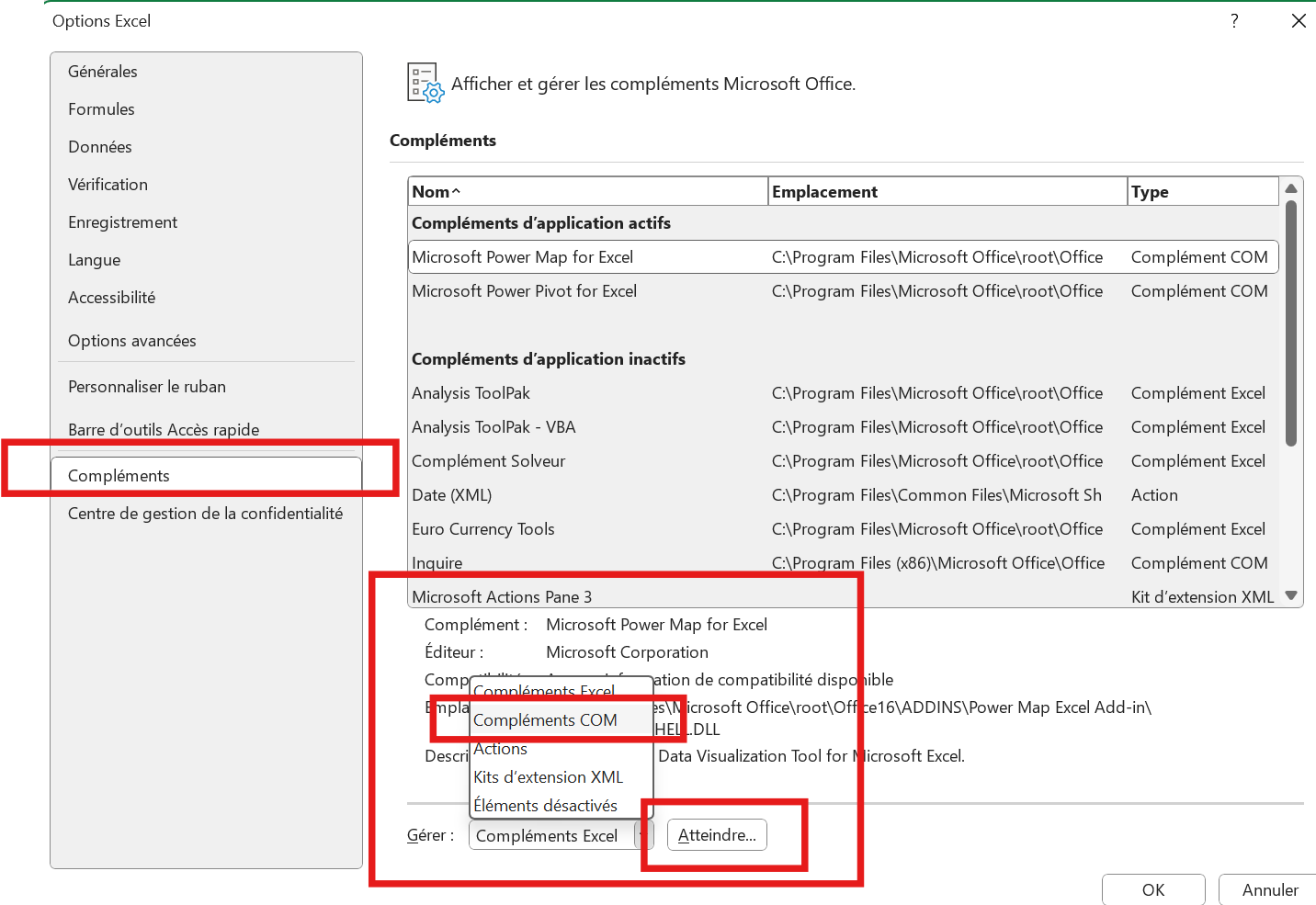 Menu déroulant Gérer, Compléments COM, bouton Atteindre dans Excel
