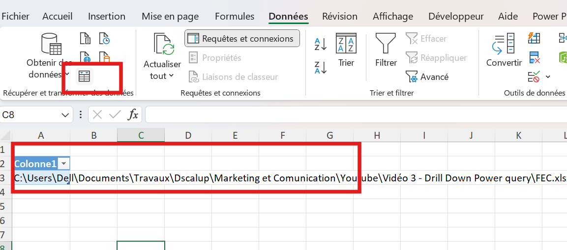 Import du chemin d'accès à partir d'un tableau dans Power Query