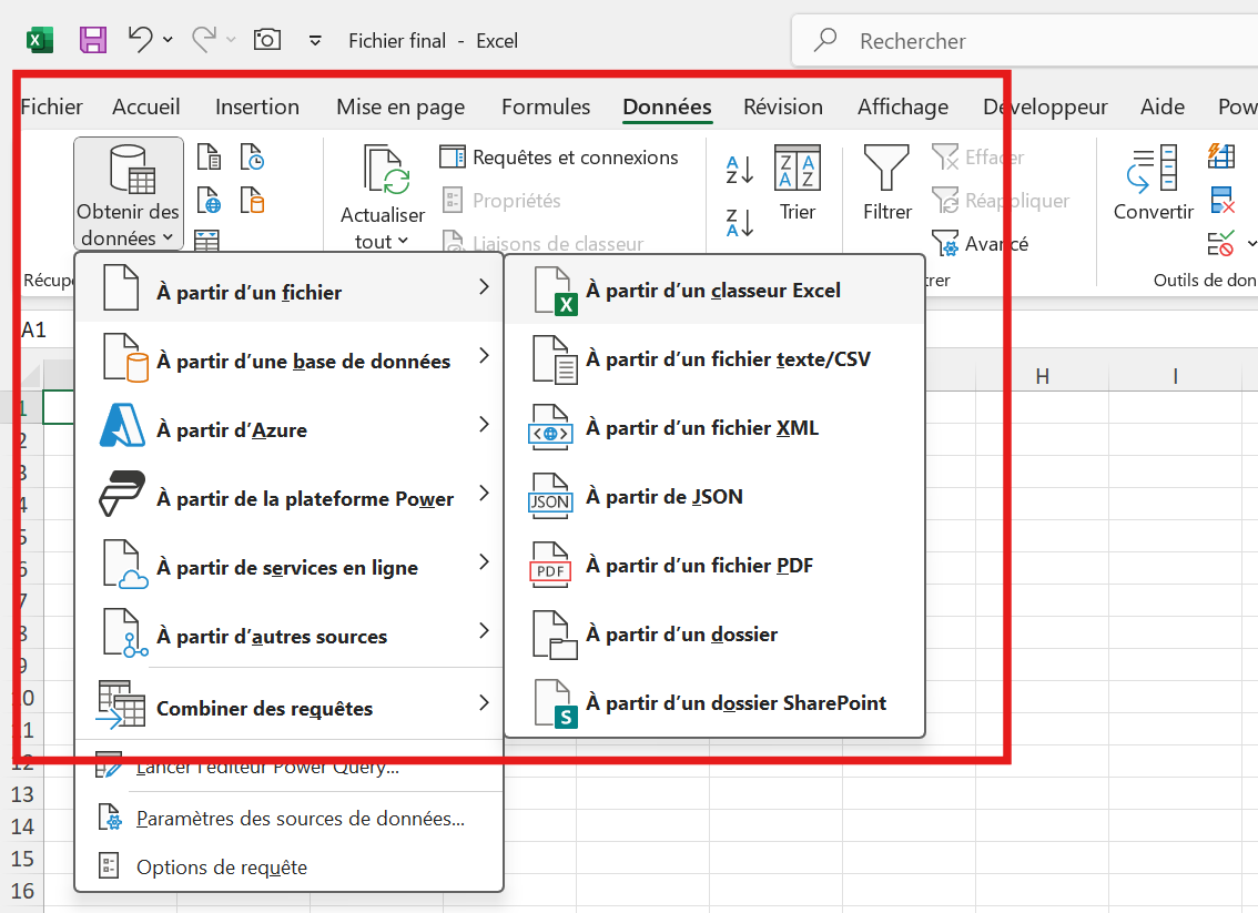 Obtenir des données avec Power Query - Données > Obtenir des données > À partir d&rsquo;un classeur Excel »></div>
<ol start=