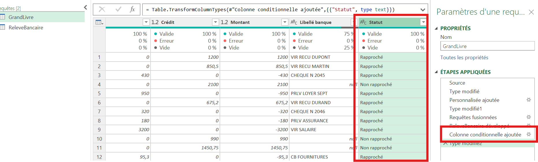 Colonne conditionnelle Statut Rapproche ou Non rapproche dans Power Query