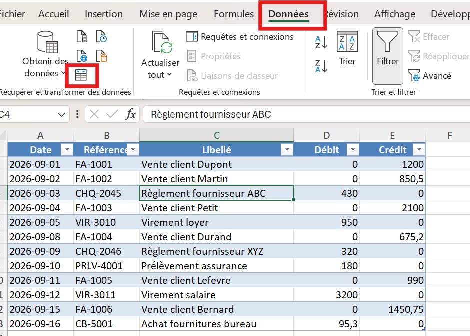 Import du tableau Grand livre dans Power Query via A partir d'un tableau ou d'une plage