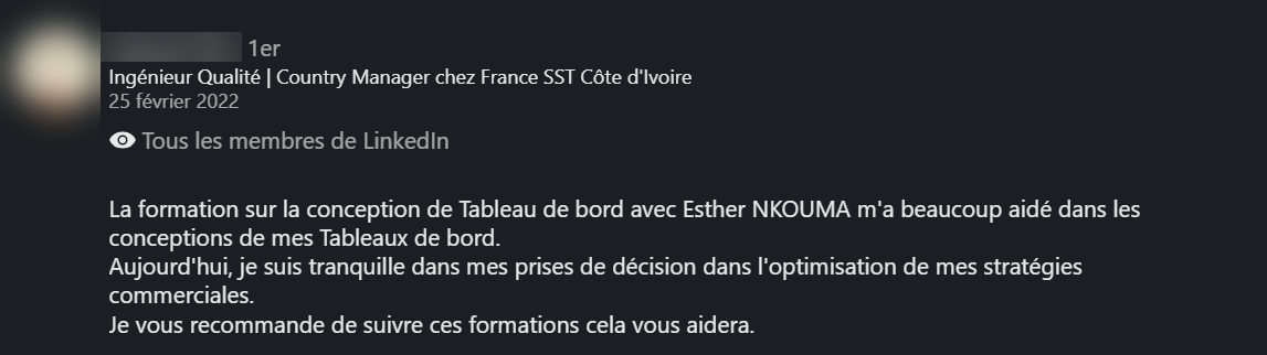 Recommandation LinkedIn d’un ancien élève de la formation Excel