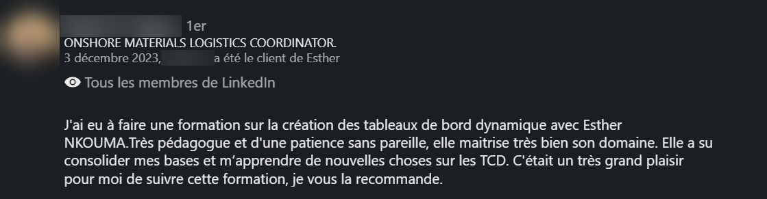 Recommandation LinkedIn d’un ancien élève de la formation Excel