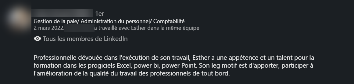 Recommandation LinkedIn d’un ancien élève de la formation Excel