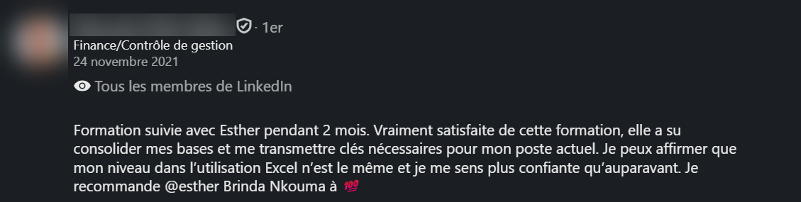 Recommandation LinkedIn de ma première élève, formation Excel, novembre 2021