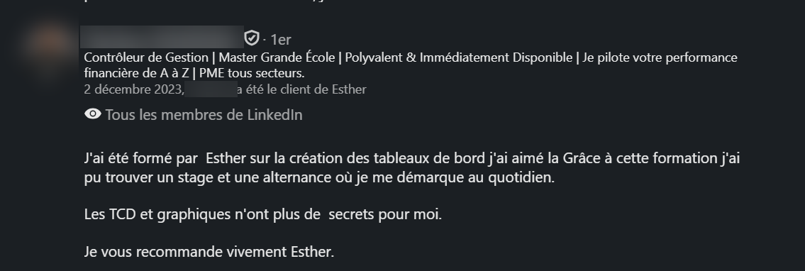 Recommandation LinkedIn d’un ancien élève de la formation Excel