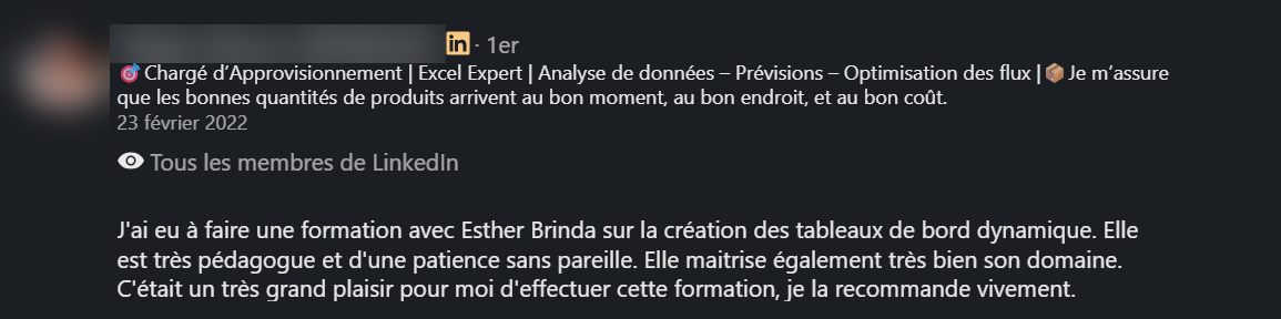 Recommandation LinkedIn d’un ancien élève de la formation Excel