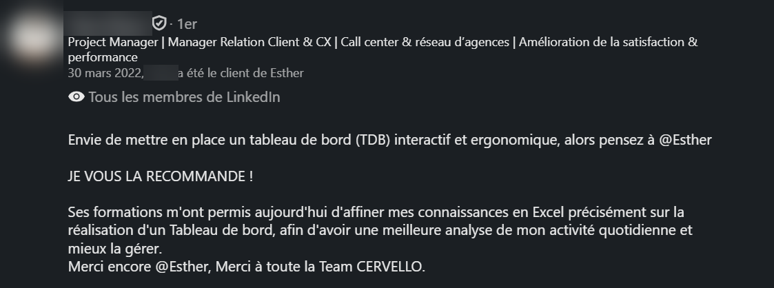 Recommandation LinkedIn d’un ancien élève de la formation Excel