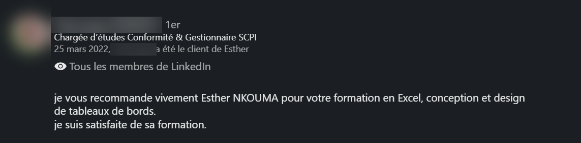 Recommandation LinkedIn d’un ancien élève de la formation Excel