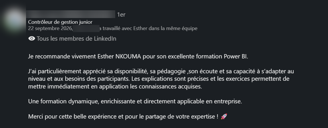 Recommandation LinkedIn d’un ancien élève de la formation Power BI