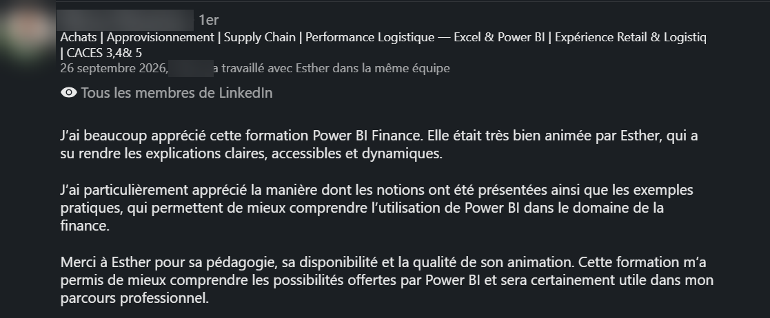 Recommandation LinkedIn d’un ancien élève de la formation Power BI