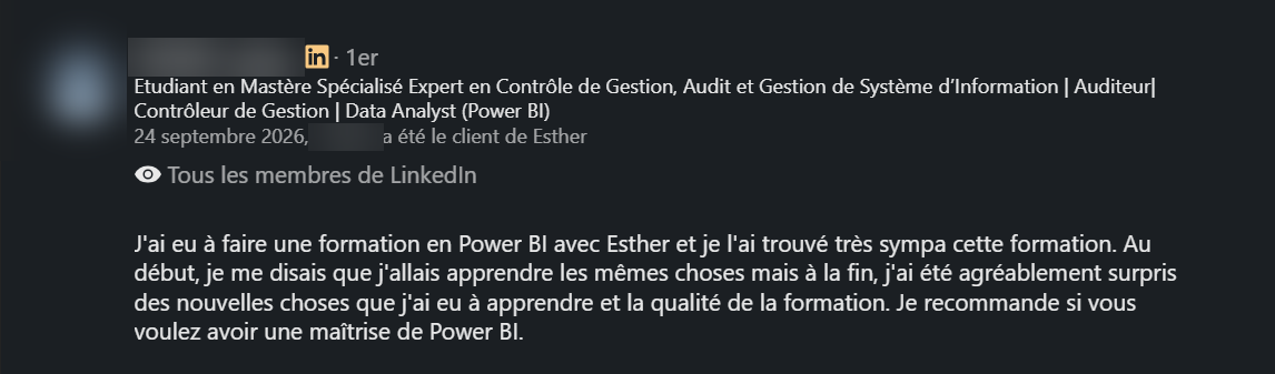 Recommandation LinkedIn d’un ancien élève de la formation Power BI
