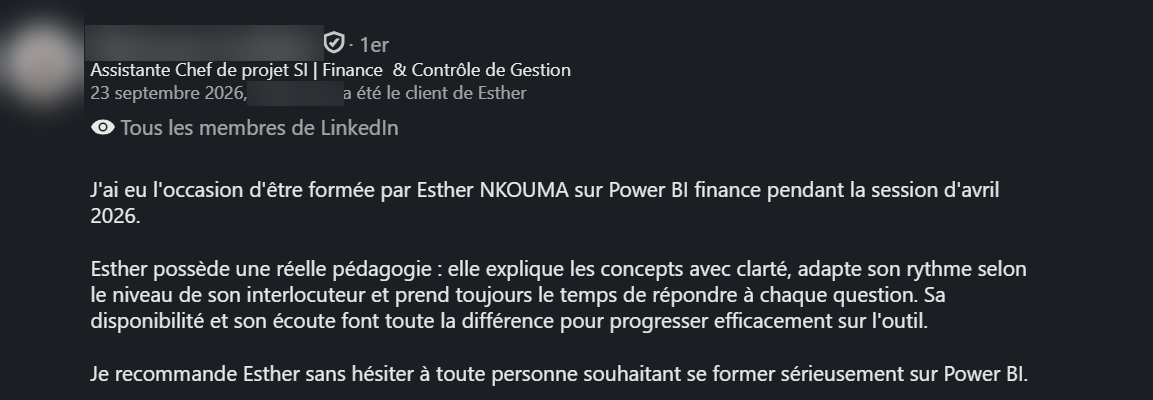 Recommandation LinkedIn d’un ancien élève de la formation Power BI