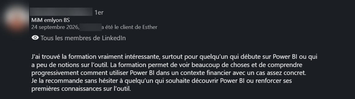 Recommandation LinkedIn d’un ancien élève de la formation Power BI