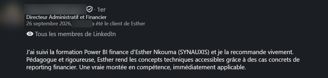 Recommandation LinkedIn d’un ancien élève de la formation Power BI