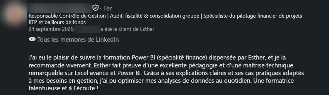 Recommandation LinkedIn d’un ancien élève de la formation Power BI