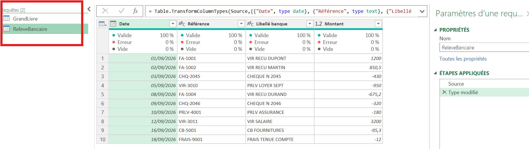 Les deux requetes Grand livre et Releve bancaire dans le volet Power Query