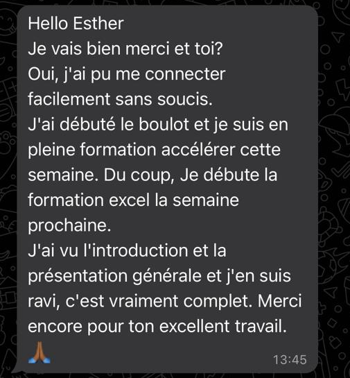Retour d’un élève par WhatsApp sur la formation