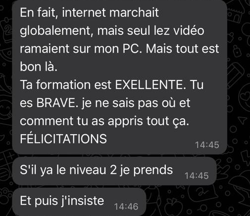 Retour d’un élève par WhatsApp sur la formation